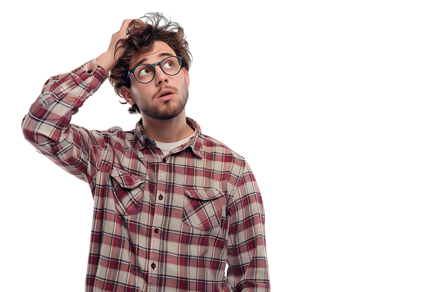 Young doubtful man thinking, scratching head and trying to find solution on isolated transparent background png