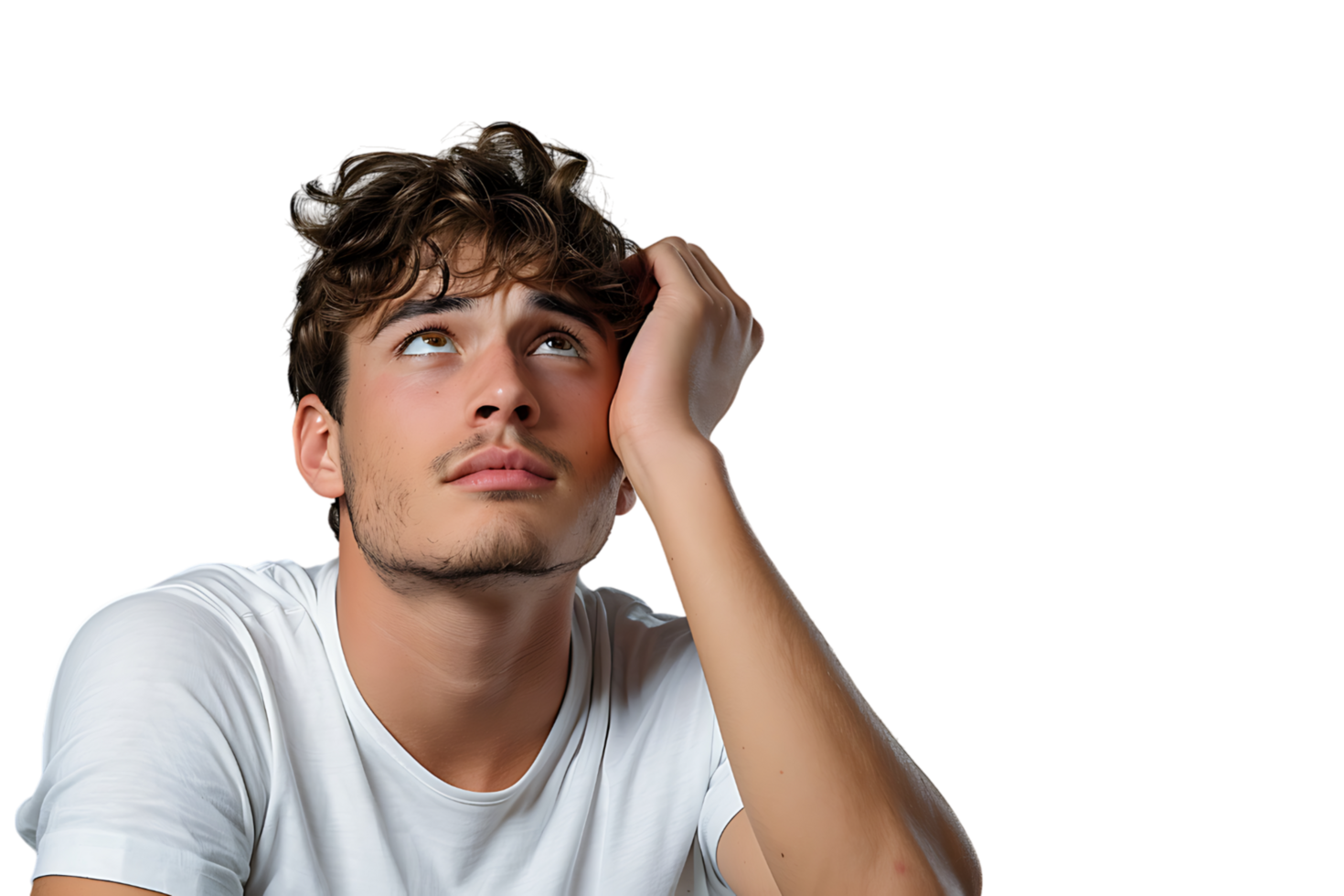 Young doubtful man thinking, scratching head and trying to find solution on isolated transparent background png