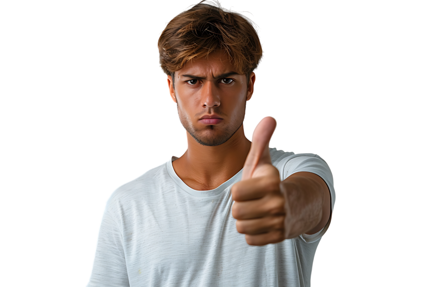 Unhappy man doing thumbs up on isolated transparent background png