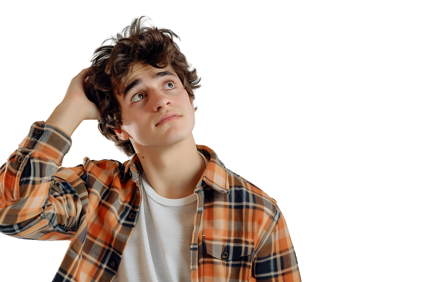 Young doubtful man thinking, scratching head and trying to find solution on isolated transparent background png