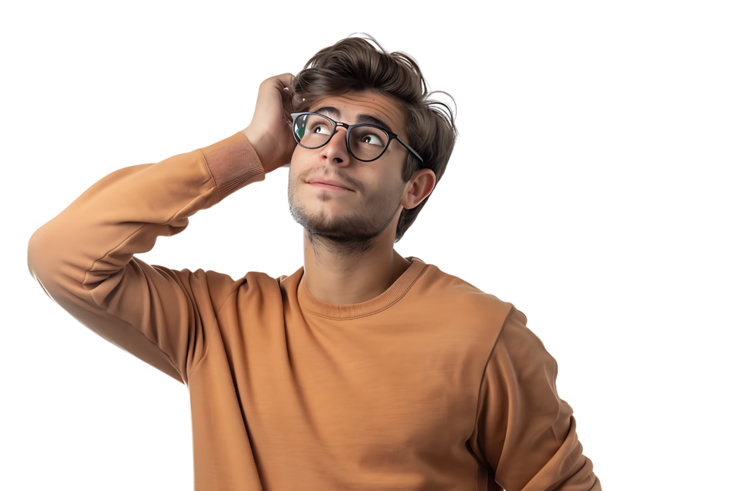 Young doubtful man thinking, scratching head and trying to find solution on isolated transparent background png