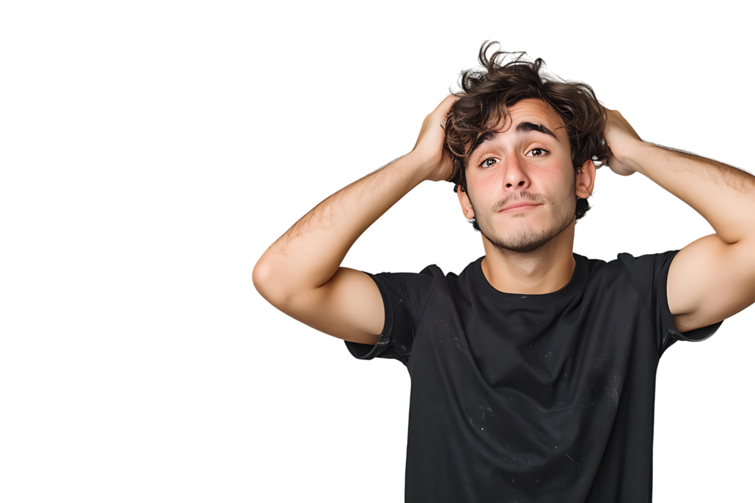 Young doubtful man thinking, scratching head and trying to find solution on isolated transparent background png