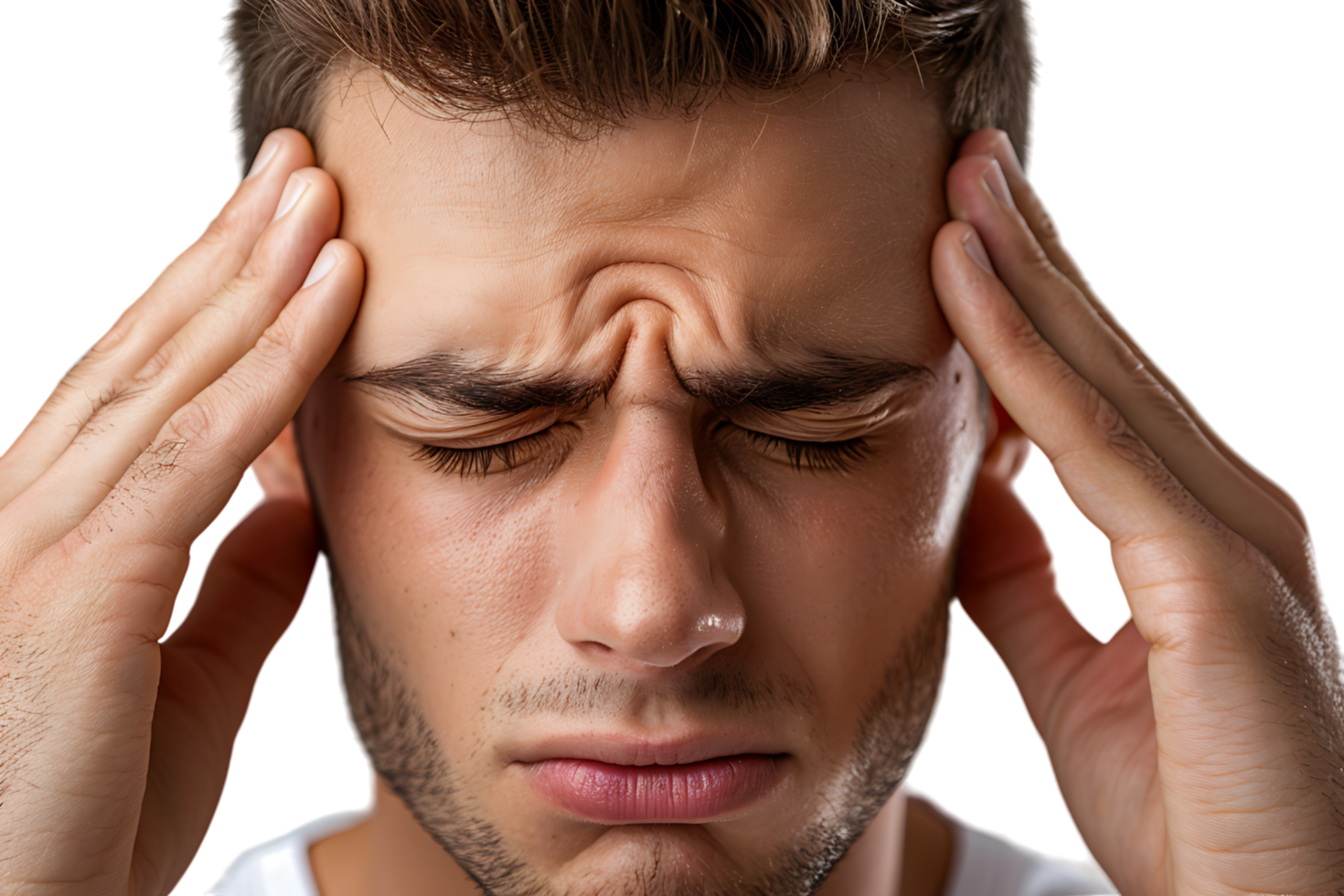 Man suffering from headache, pressing fingers to temples with closed eyes on isolated transparent background png