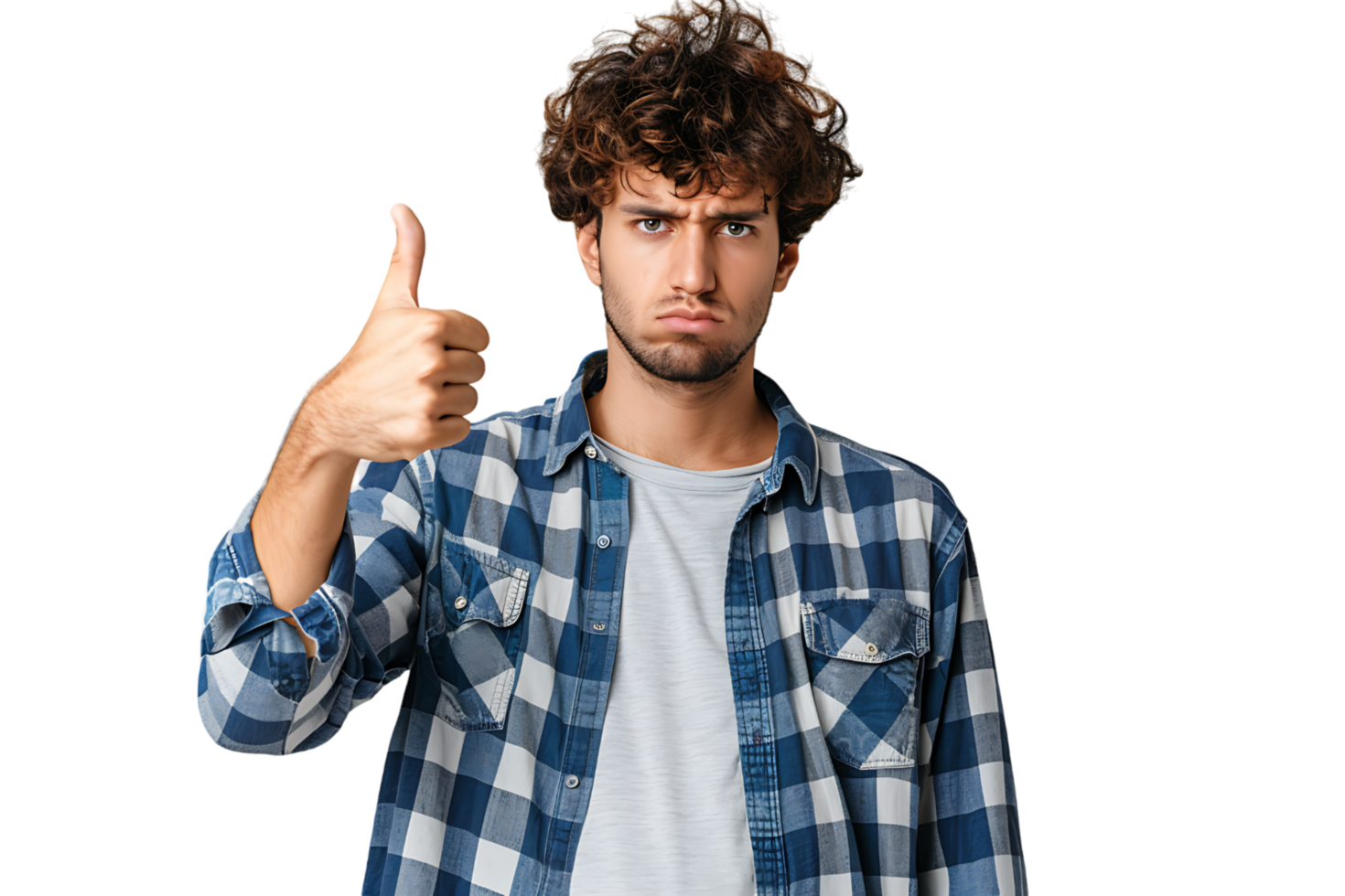 Unhappy man doing thumbs up on isolated transparent background png