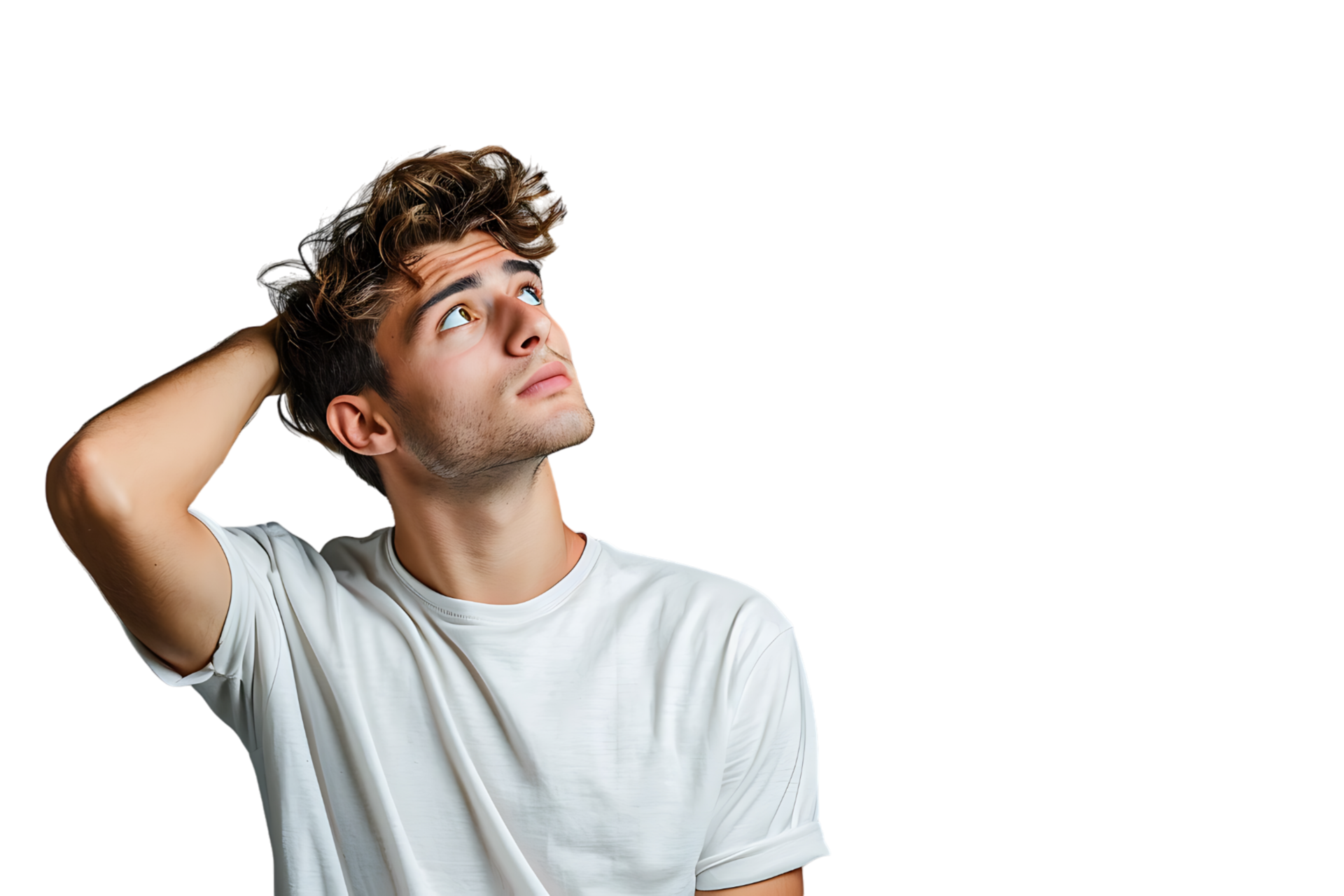 Young doubtful man thinking, scratching head and trying to find