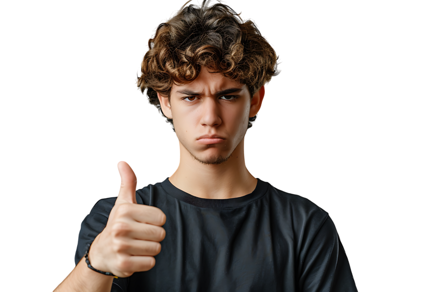 Unhappy man doing thumbs up on isolated transparent background png