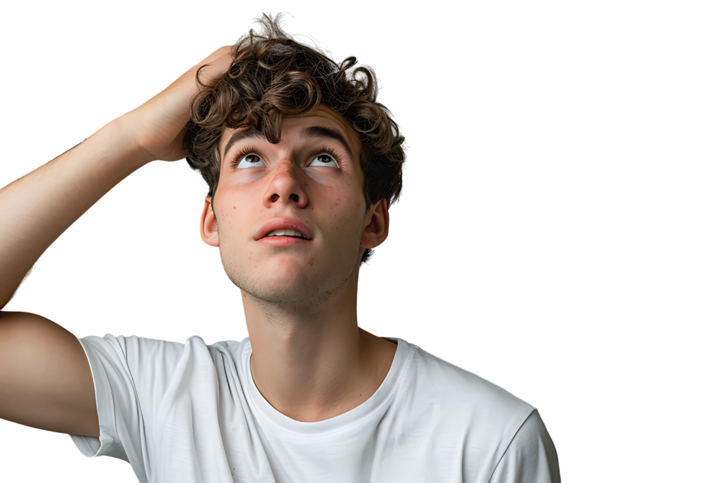 Young doubtful man thinking, scratching head and trying to find solution on isolated transparent background png