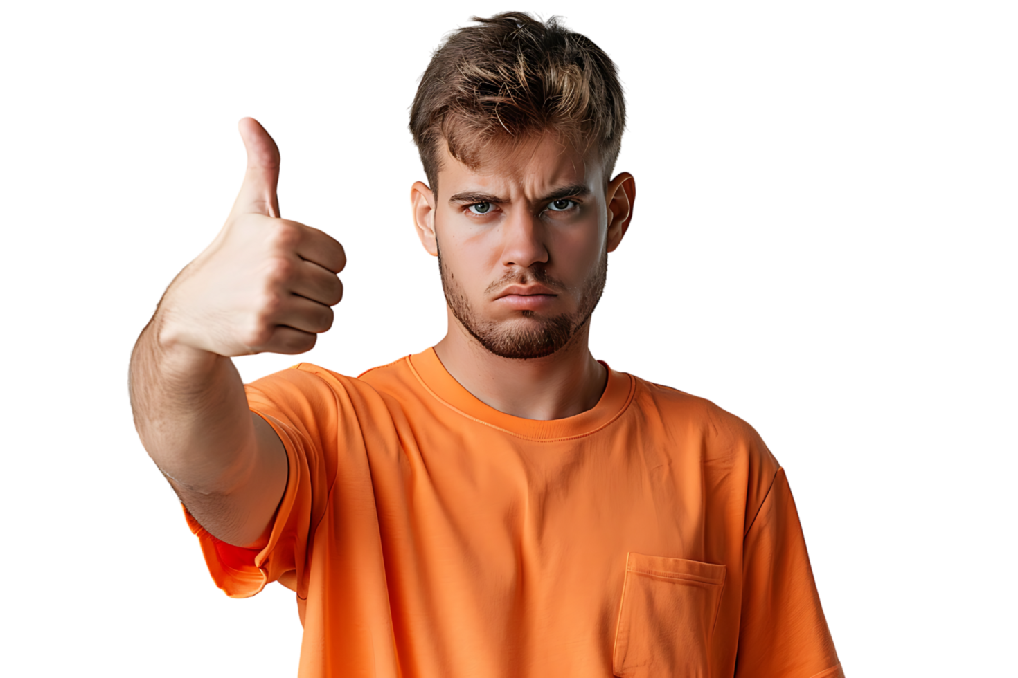 Unhappy man doing thumbs up on isolated transparent background png