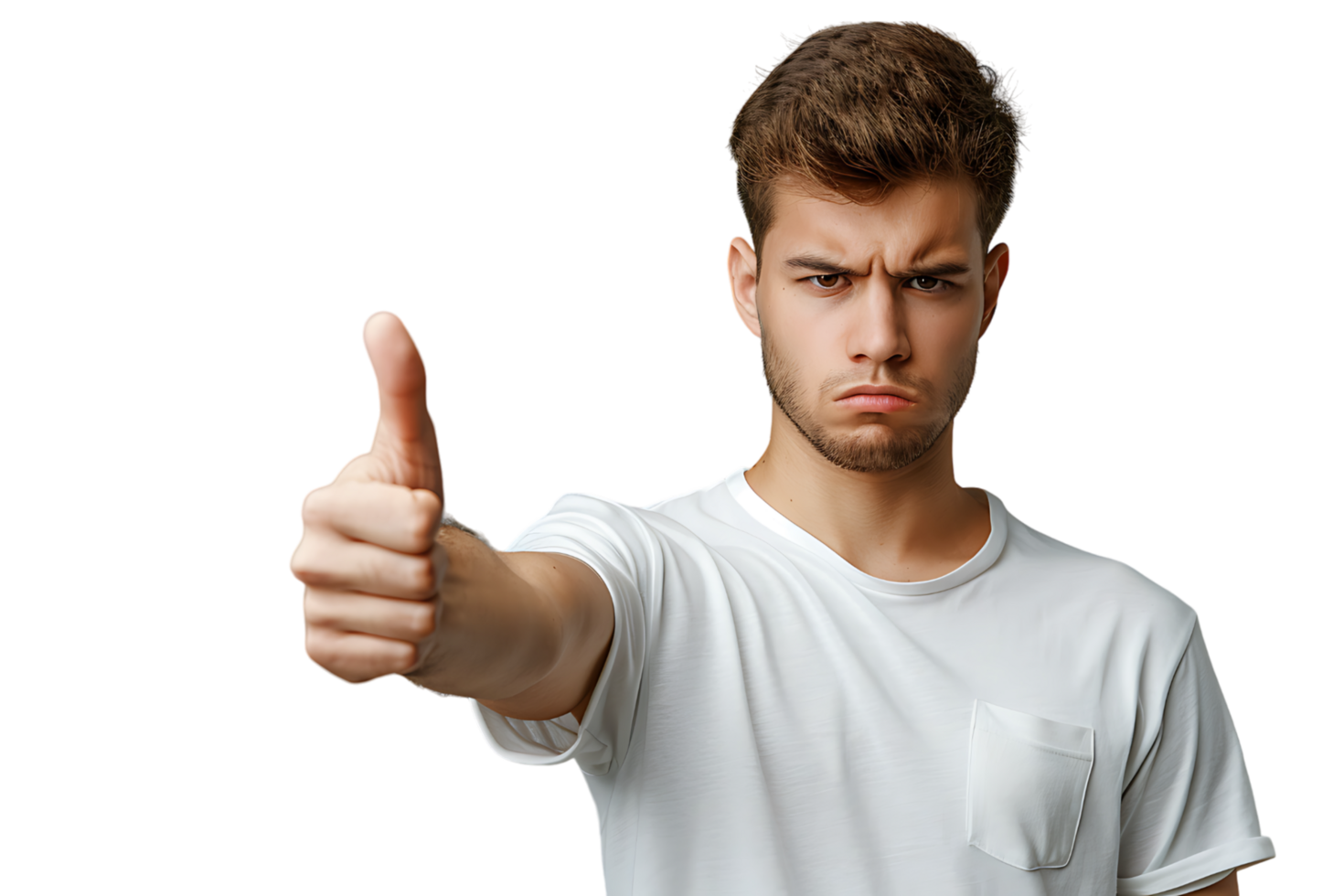 Unhappy man doing thumbs up on isolated transparent background png