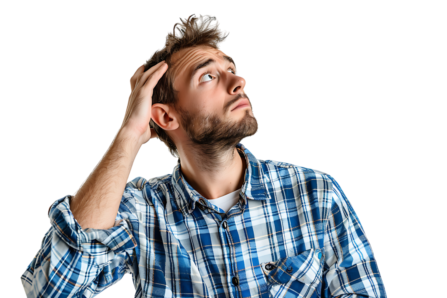 Young doubtful man thinking, scratching head and trying to find solution on isolated transparent background png