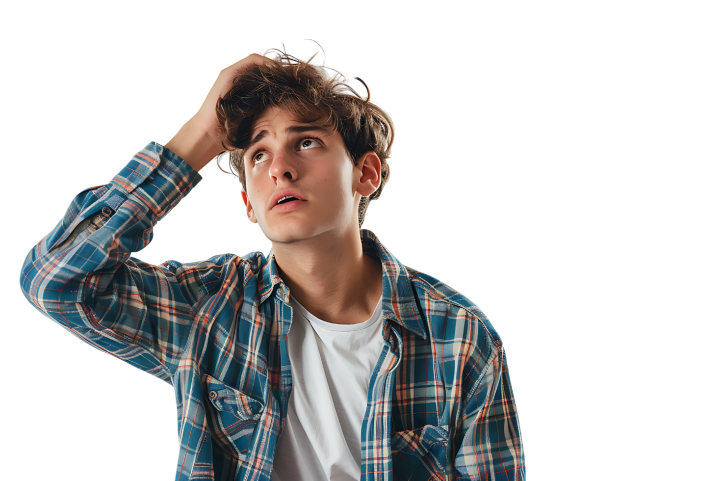 Young doubtful man thinking, scratching head and trying to find solution on isolated transparent background png