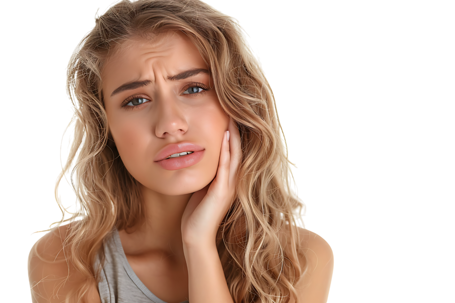 young male holding her cheek with hand, suffering from bad tooth ache on isolated transparent background png