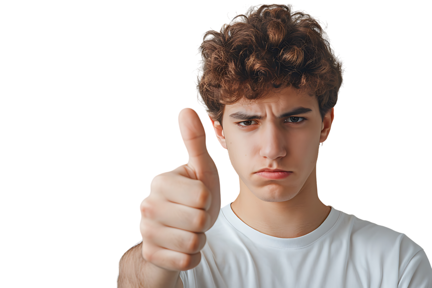 Unhappy man doing thumbs up on isolated transparent background png