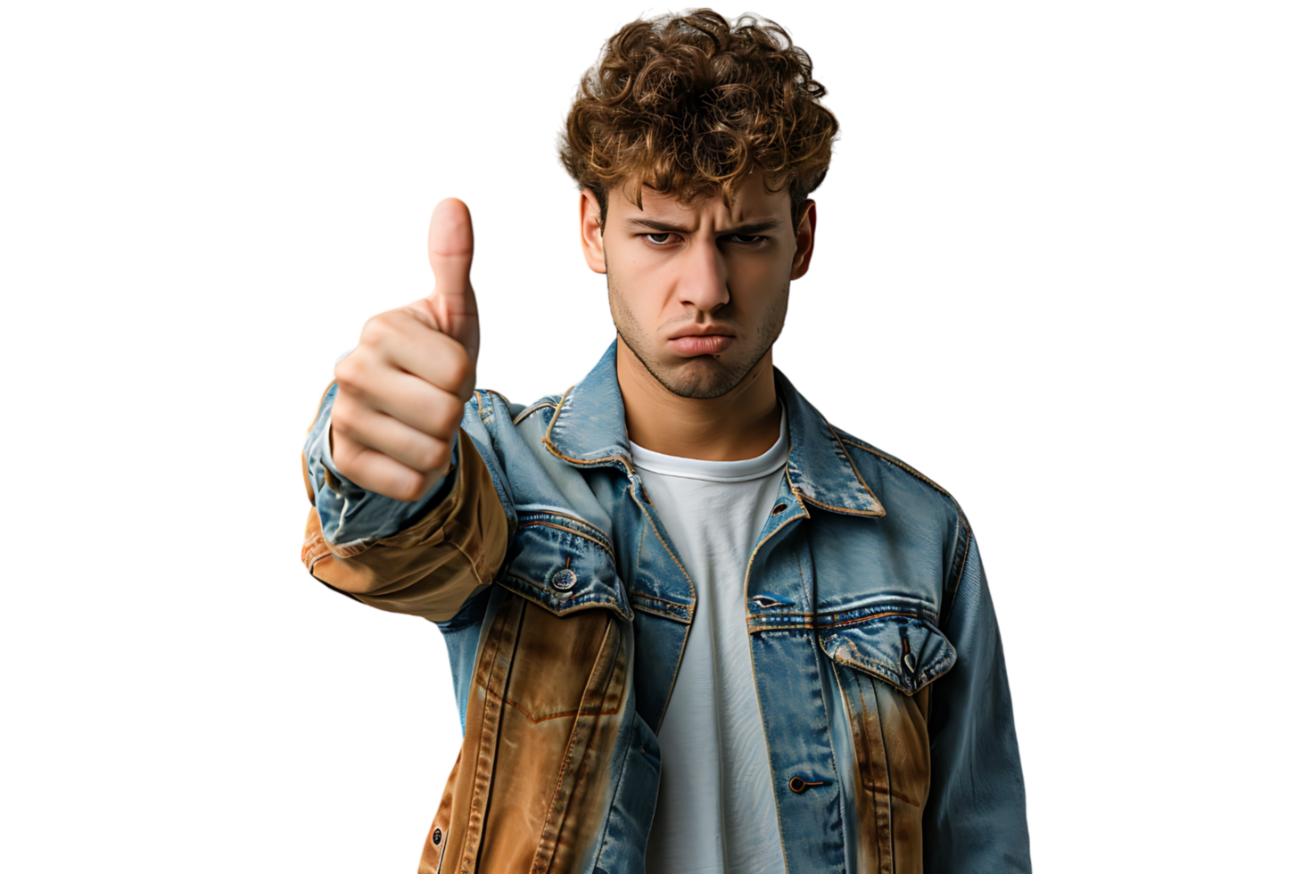 Unhappy man doing thumbs up on isolated transparent background png