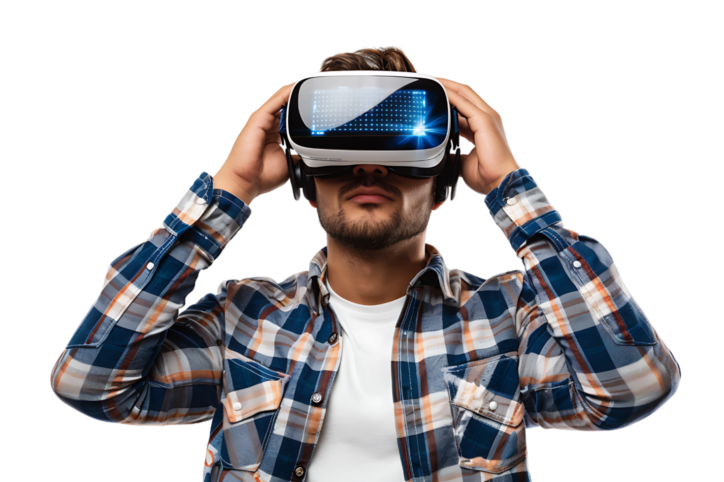 Man wearing virtual reality headset and playing game on isolated transparent background png