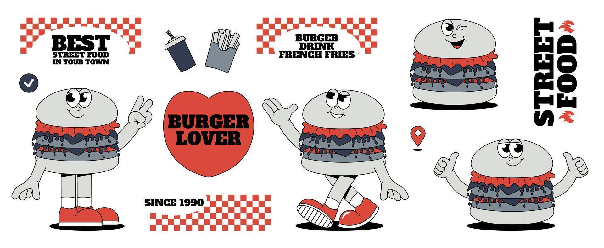 A Burger delivery theme set in the trendy retro groovy style. Hamburger character, stickers with words, cola drink, french fries and fast delivery. art vector