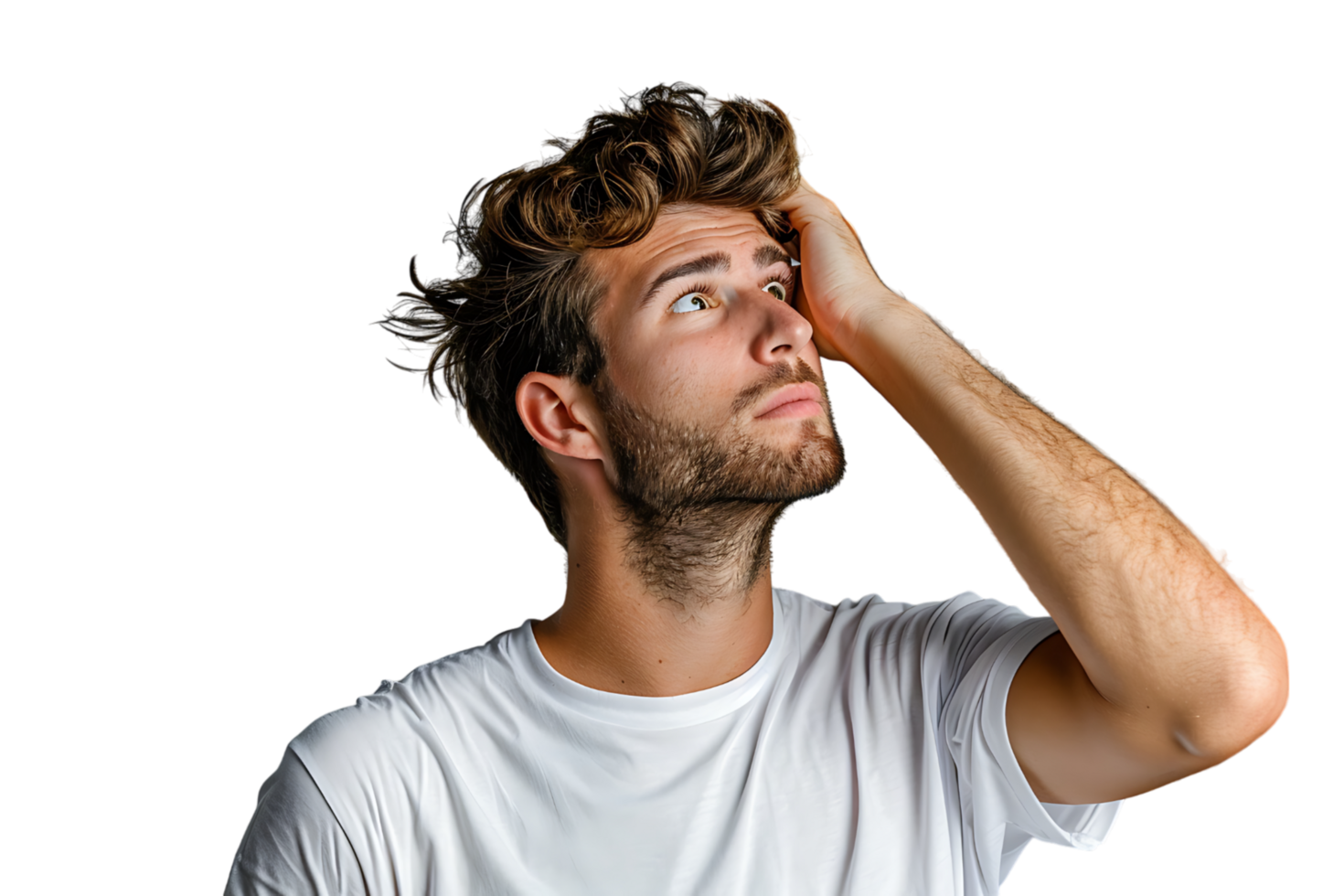 Young doubtful man thinking, scratching head and trying to find solution on isolated transparent background png