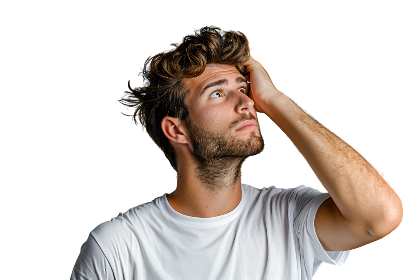 Young doubtful man thinking, scratching head and trying to find solution on isolated transparent background png