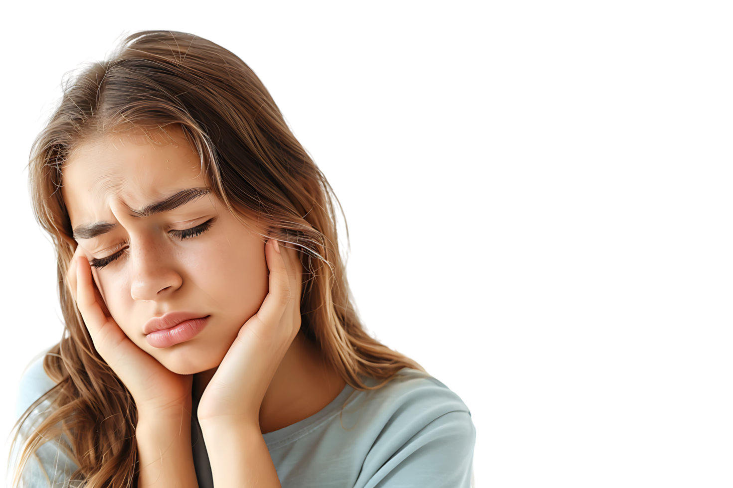 young male holding her cheek with hand, suffering from bad tooth ache on isolated transparent background png