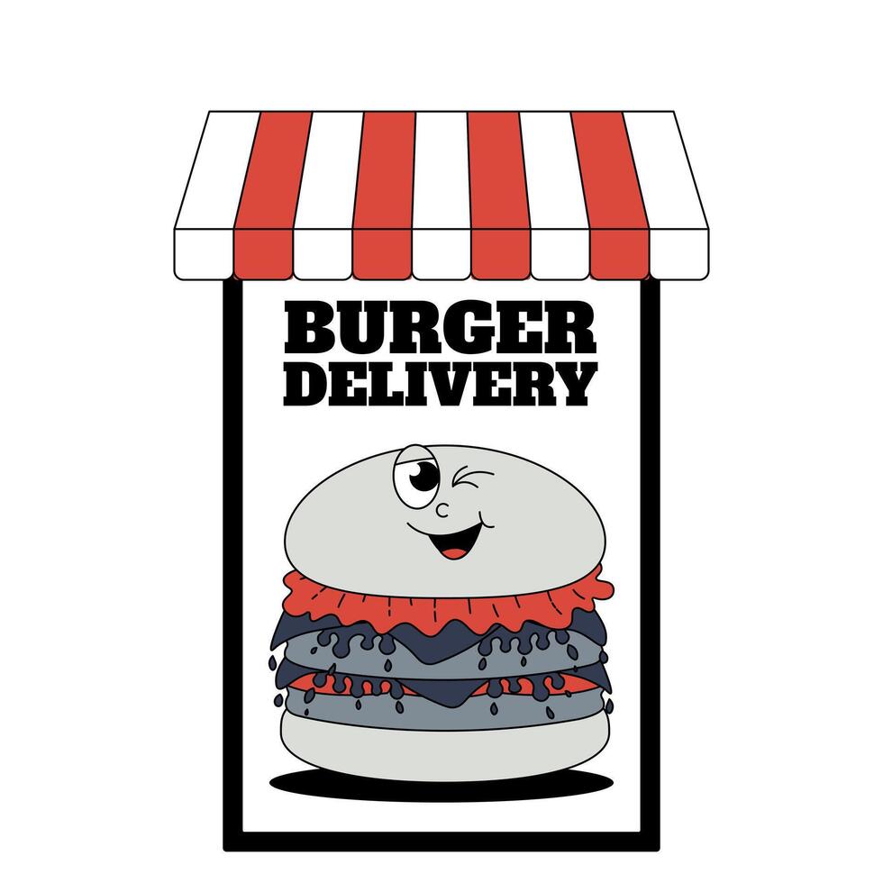 Express delivery concept in the retro groovy style. Burger or fast food service, order, fast and free shipping. Trendy design illustration. vector