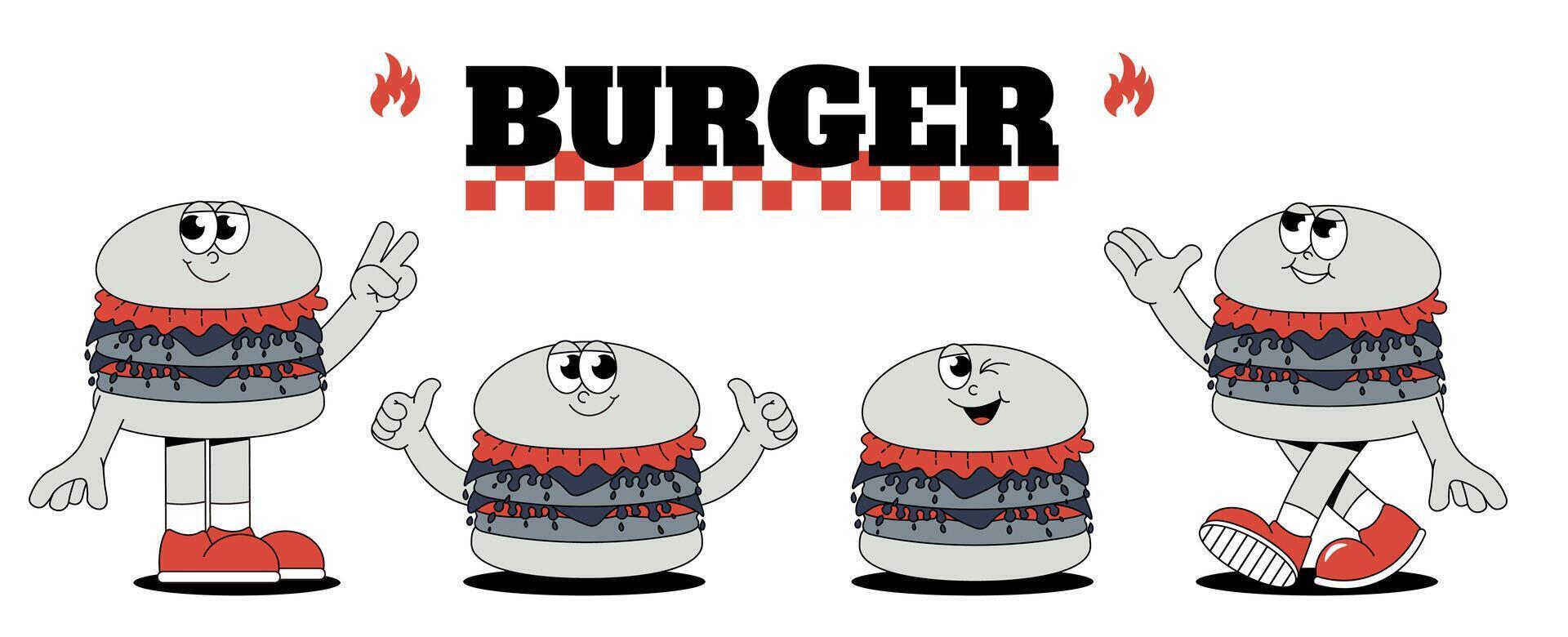 A Burger delivery set in the trendy retro groovy style. Funky hamburger characters stickers. Cool maskot for cafe, bar, restaurant. art vector