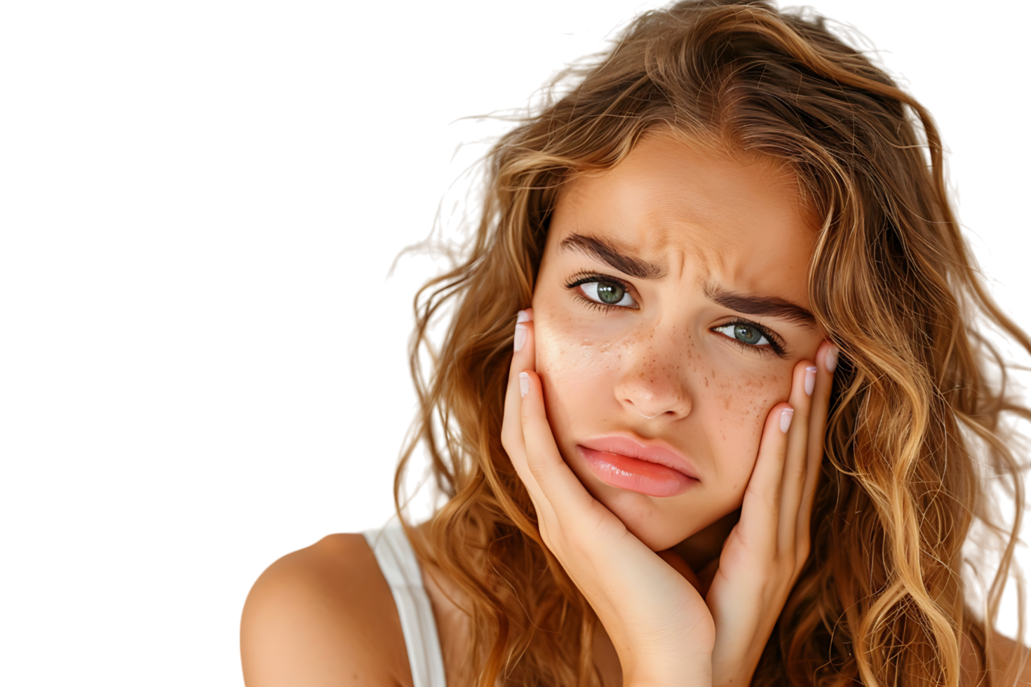 young male holding her cheek with hand, suffering from bad tooth ache on isolated transparent background png