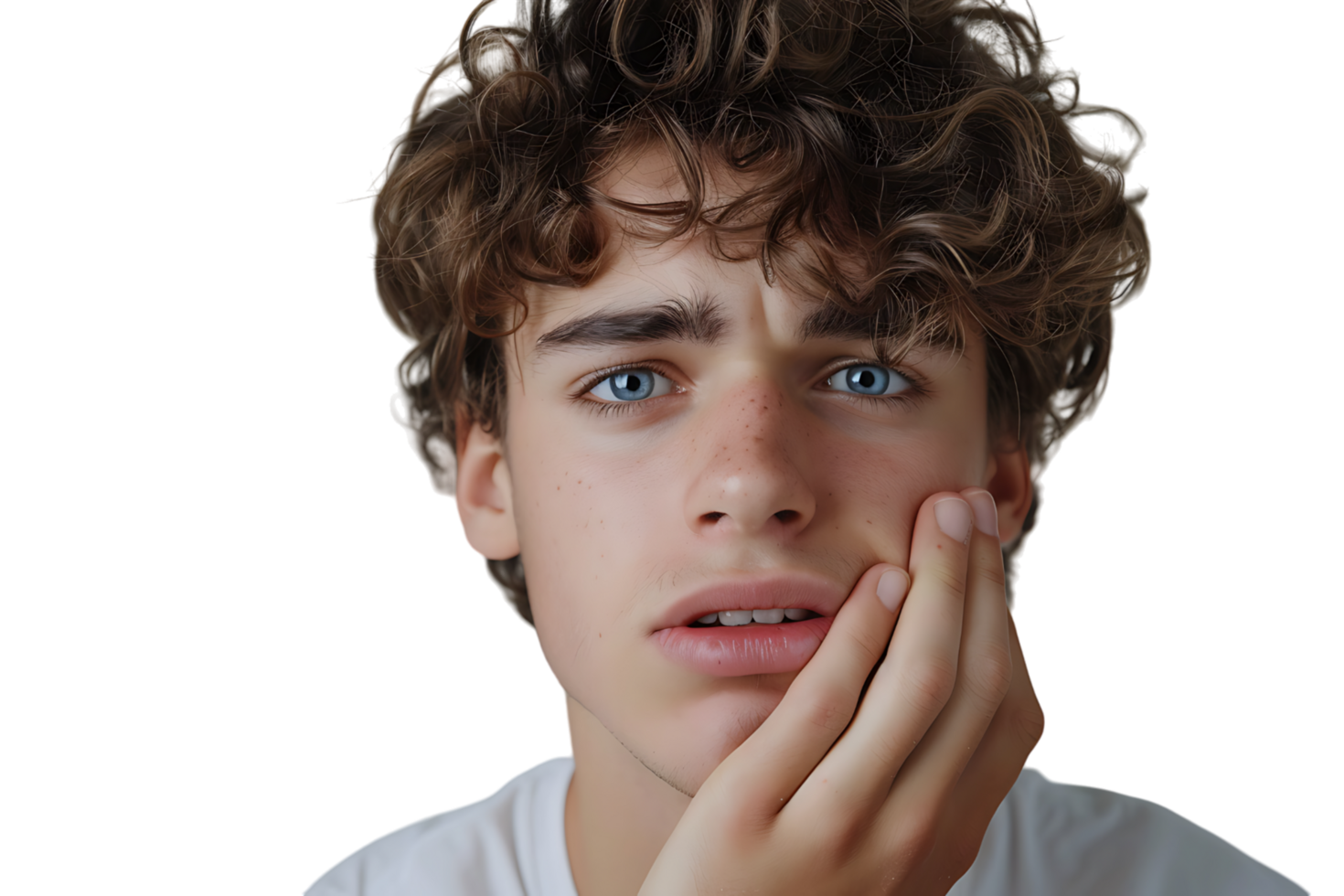 young male holding her cheek with hand, suffering from bad tooth ache on isolated transparent background png