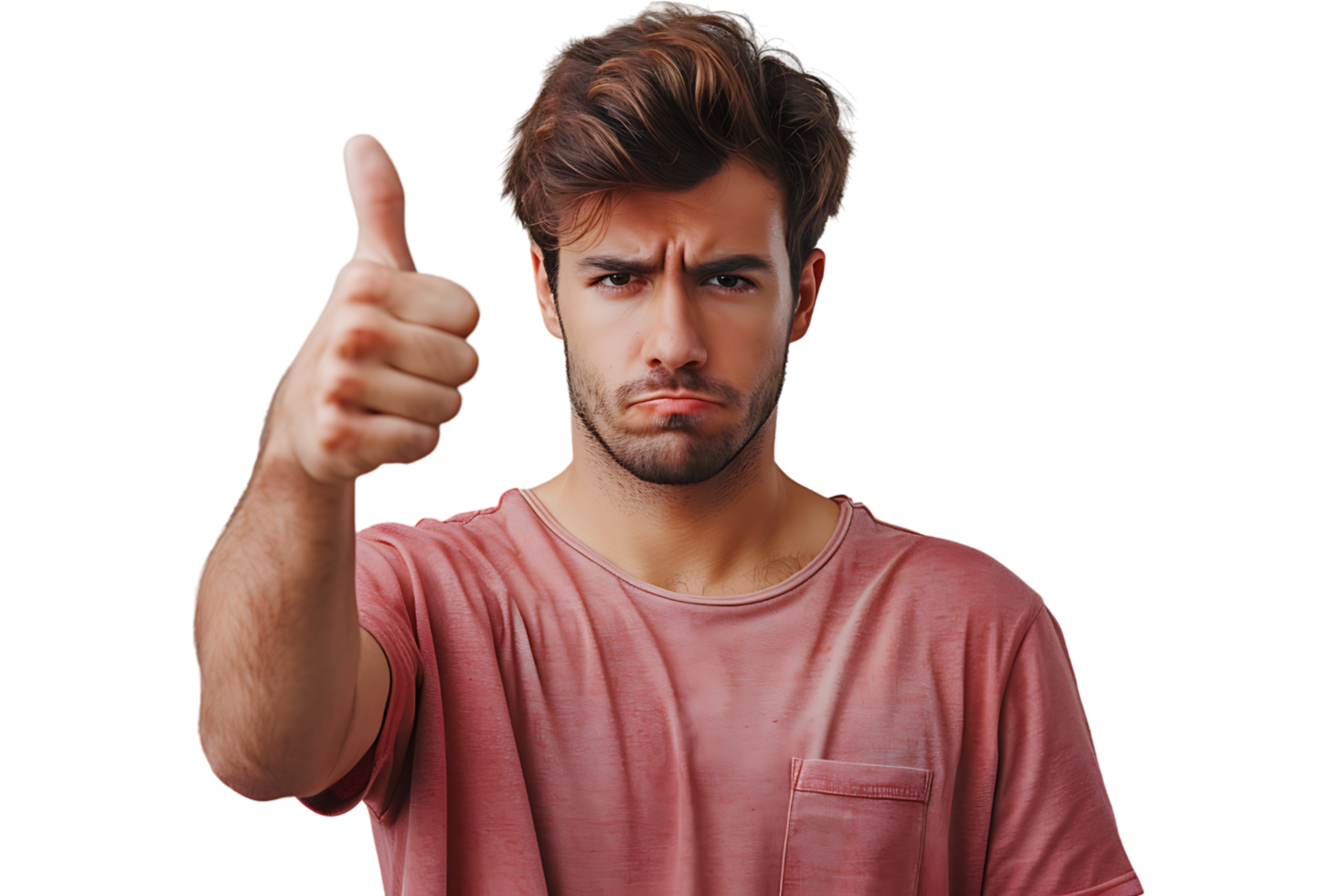 Unhappy man doing thumbs up on isolated transparent background png