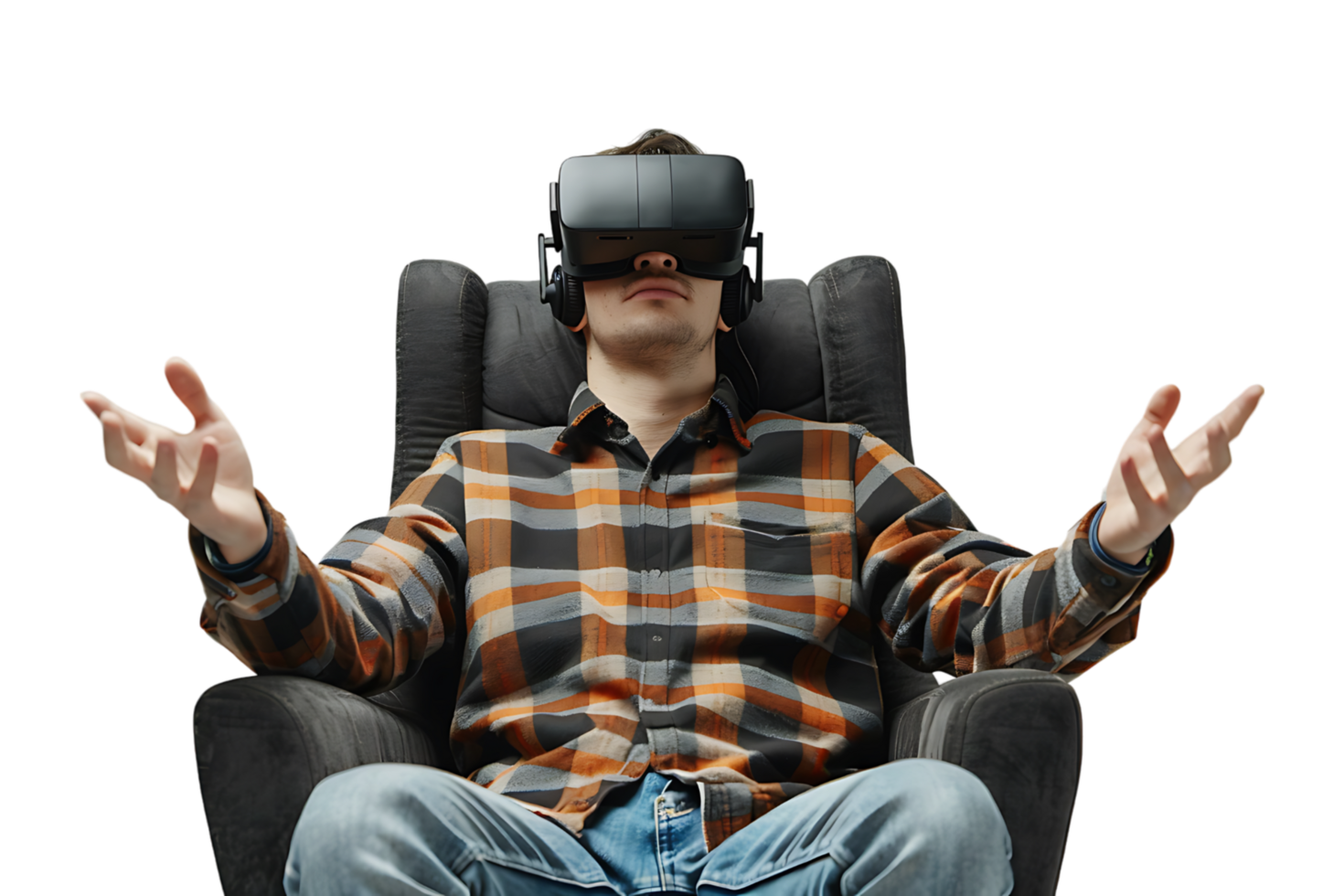 Caucasian male wearing virtual reality headset and sitting on chair on isolated transparent background png