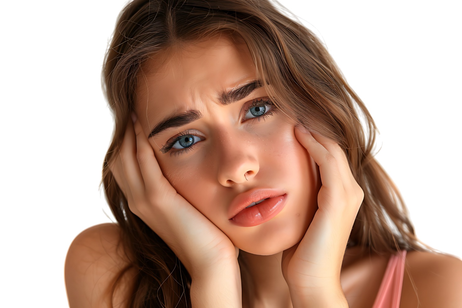 young male holding her cheek with hand, suffering from bad tooth ache on isolated transparent background png