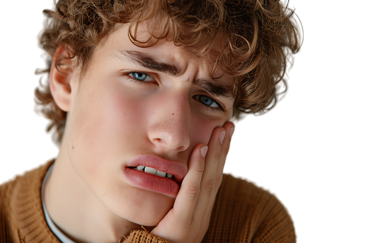 young male holding her cheek with hand, suffering from bad tooth ache on isolated transparent background png