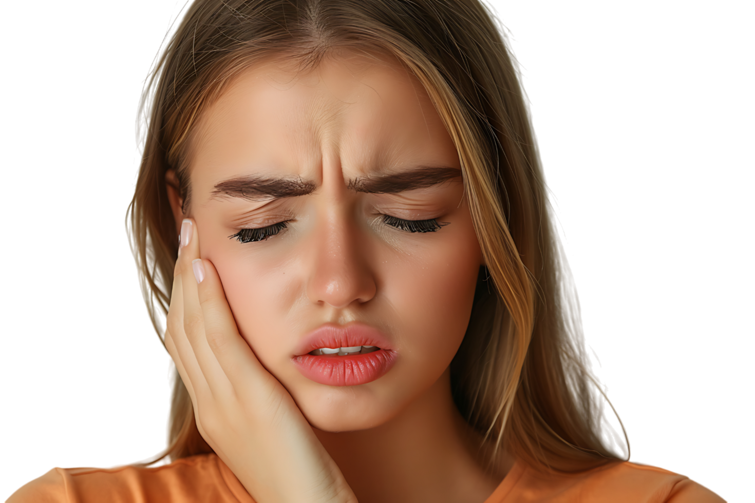 young male holding her cheek with hand, suffering from bad tooth ache on isolated transparent background png