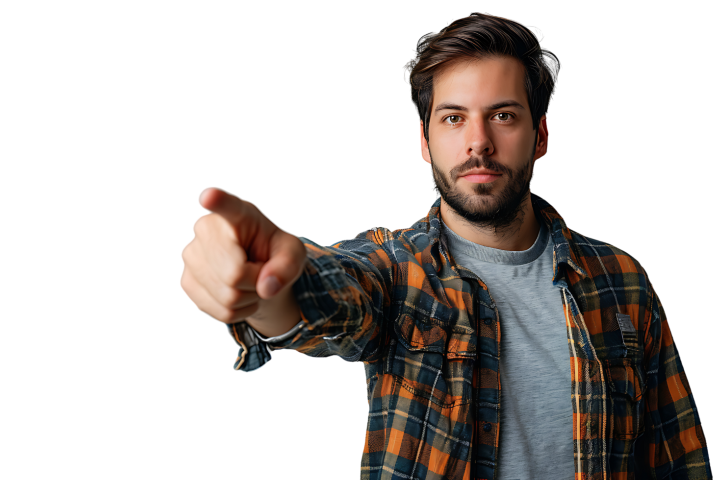 Portrait of man pointing at camera on isolated transparent background png
