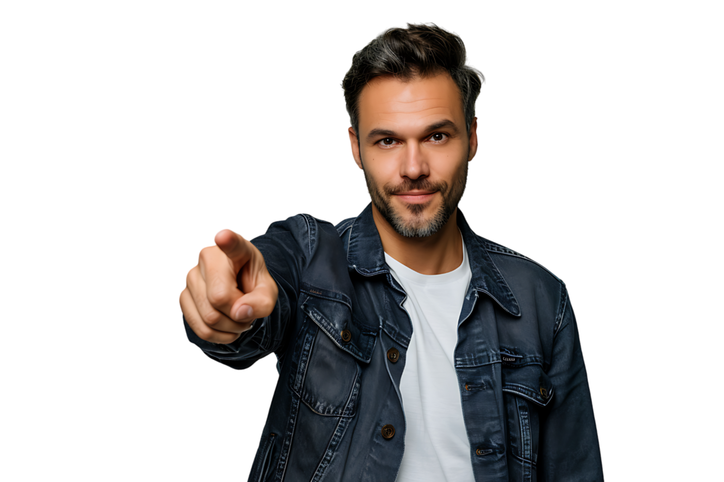 Portrait of man pointing at camera on isolated transparent background png