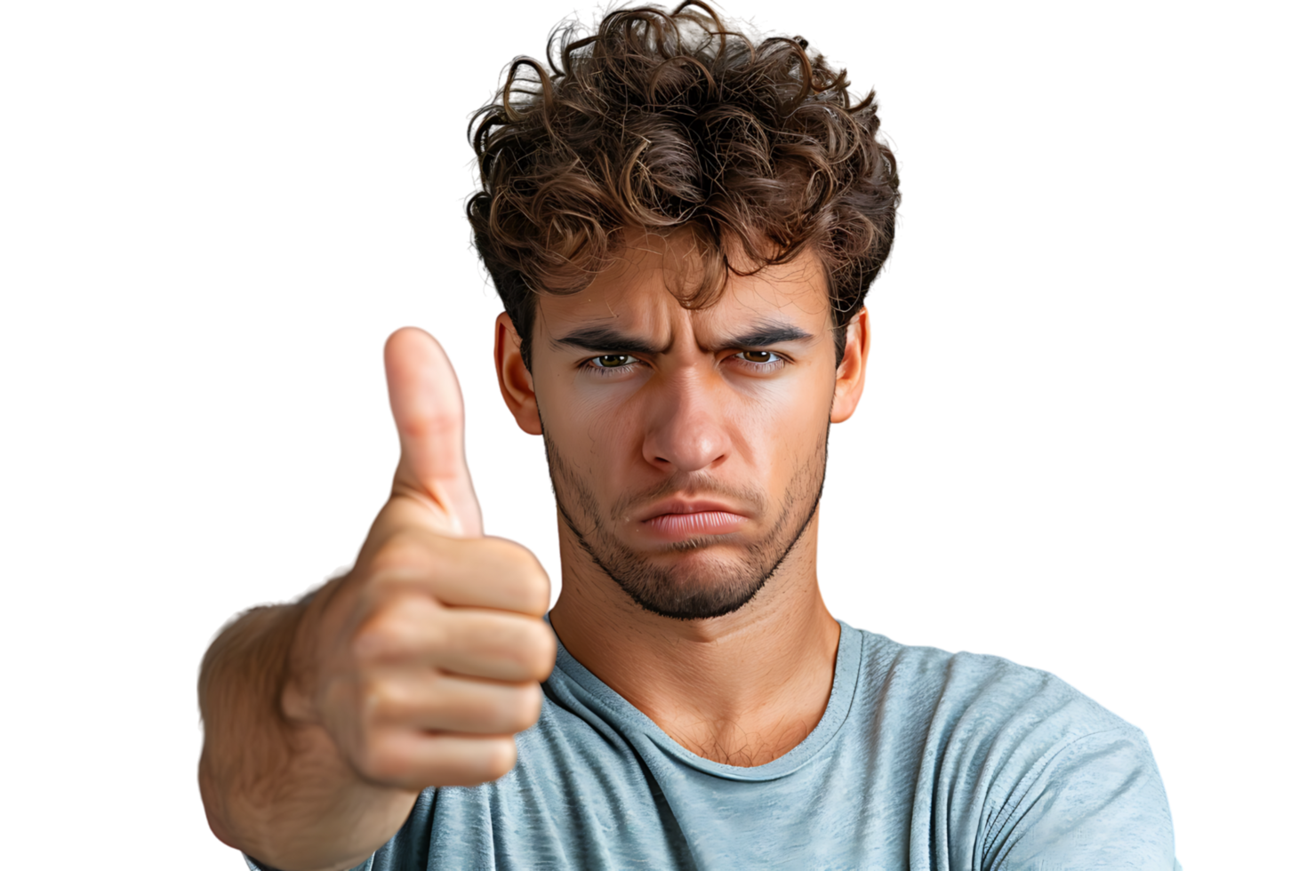 Unhappy man doing thumbs up on isolated transparent background png