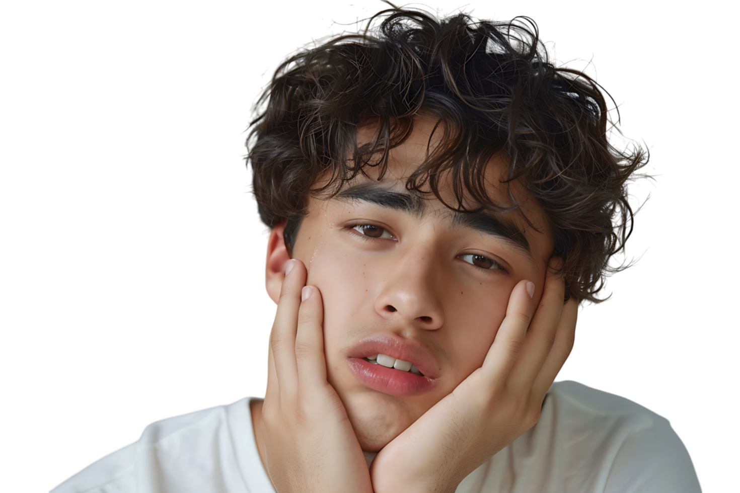 young male holding her cheek with hand, suffering from bad tooth ache on isolated transparent background png