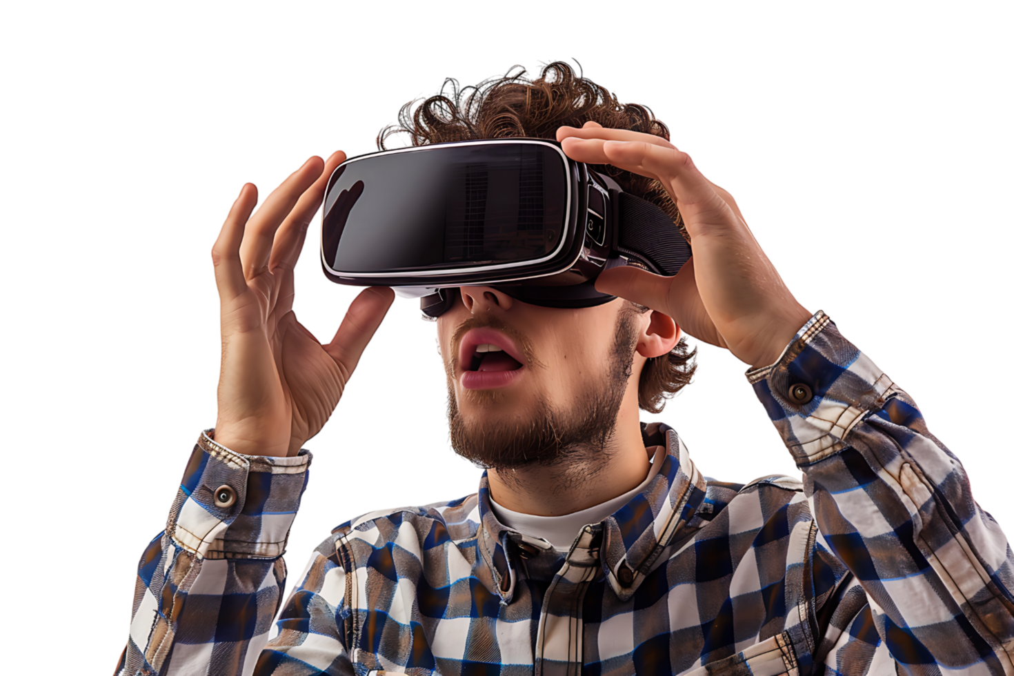 Caucasian male wearing virtual reality headset on isolated transparent background png