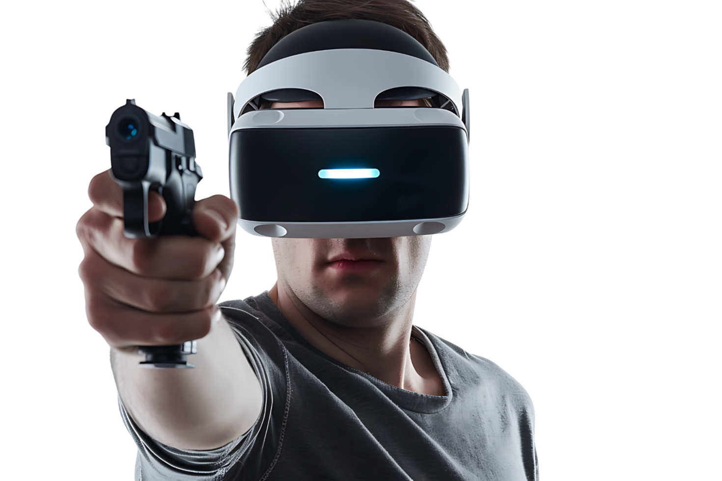 Man wearing virtual reality headset and playing game on isolated transparent background png