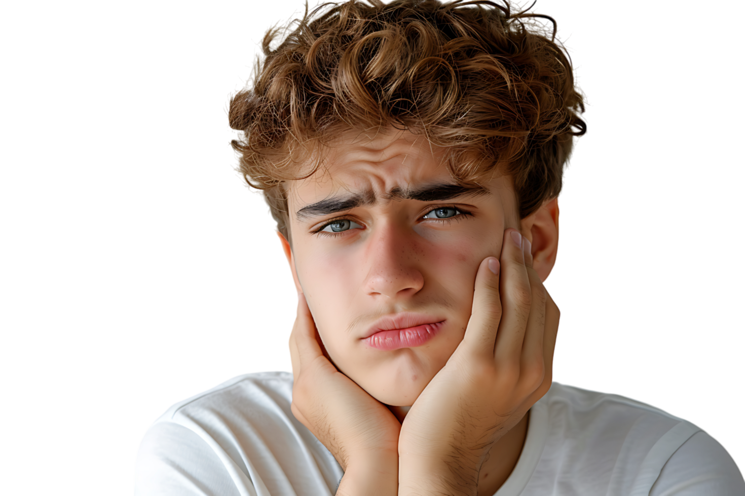 young male holding her cheek with hand, suffering from bad tooth ache on isolated transparent background png
