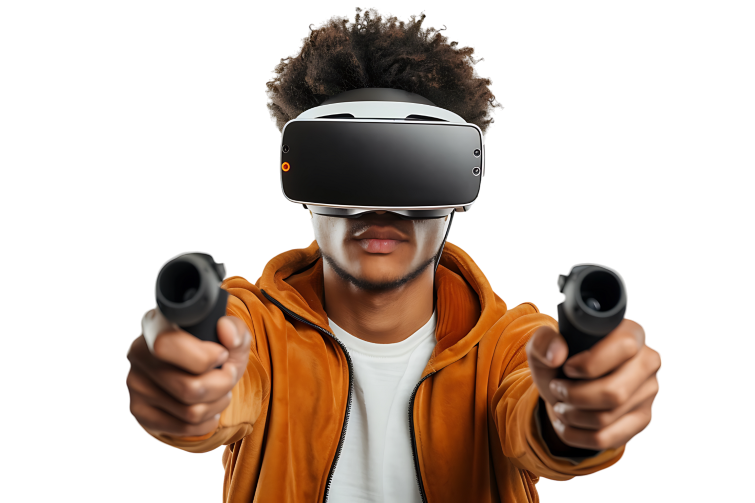 Man wearing virtual reality headset and playing game on isolated transparent background png