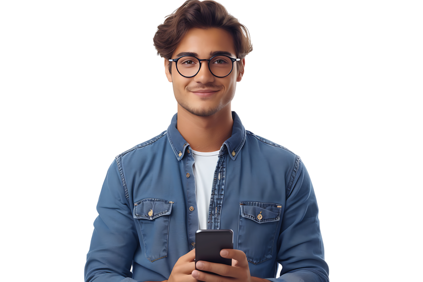 Young man standing holding smartphone and looking at camera on isolated transparent background png