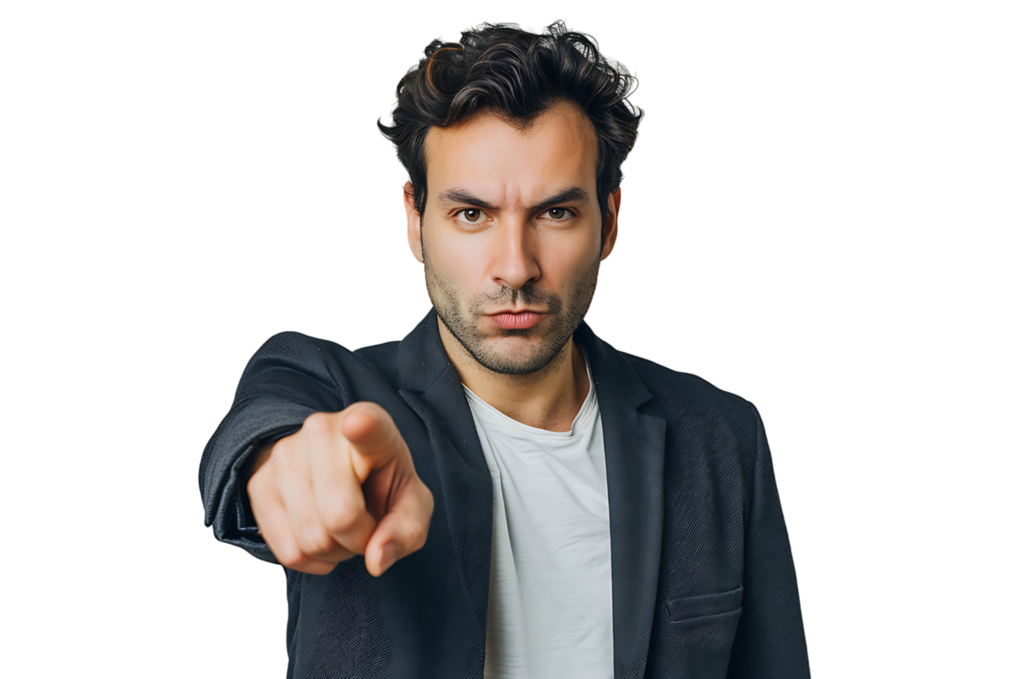 Portrait of man pointing at camera on isolated transparent background png