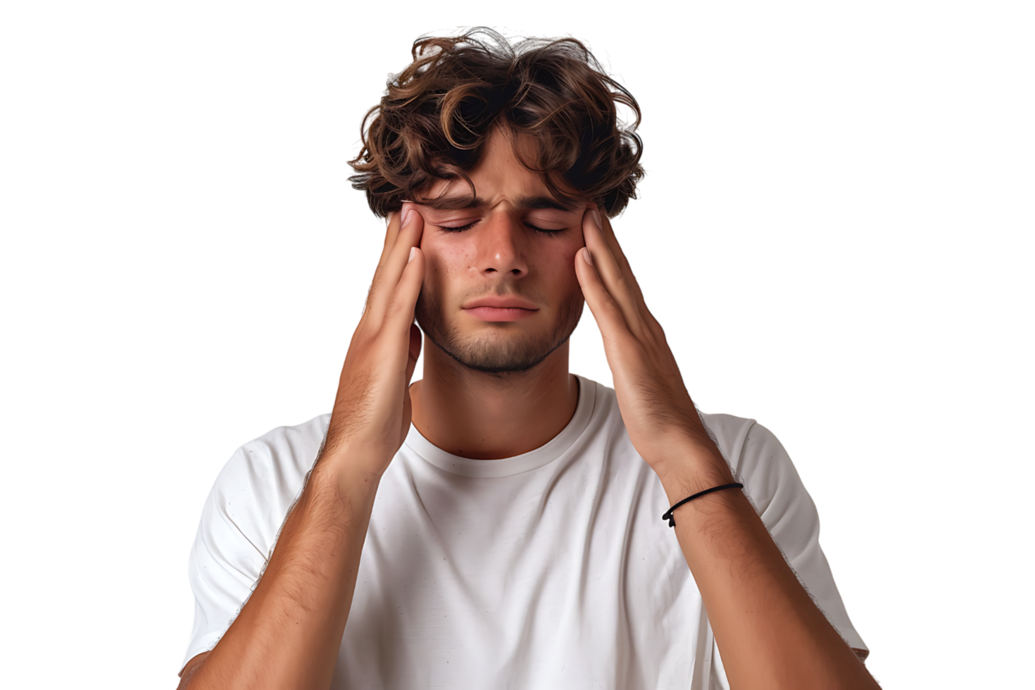 Man suffering from headache, pressing fingers to temples with closed eyes on isolated transparent background png