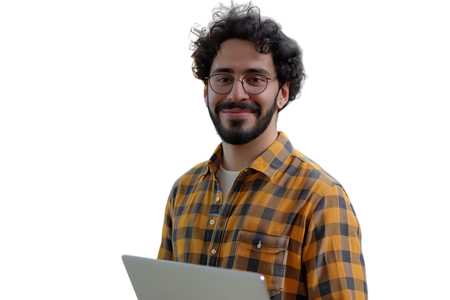 Young man standing holding laptop and looking at camera on isolated transparent background png