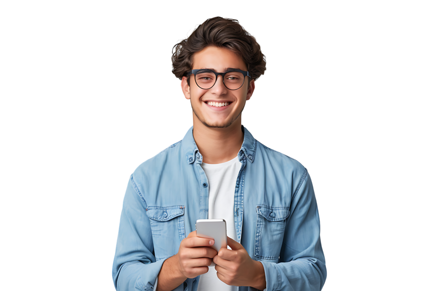 Young man standing holding smartphone and looking at camera on isolated transparent background png