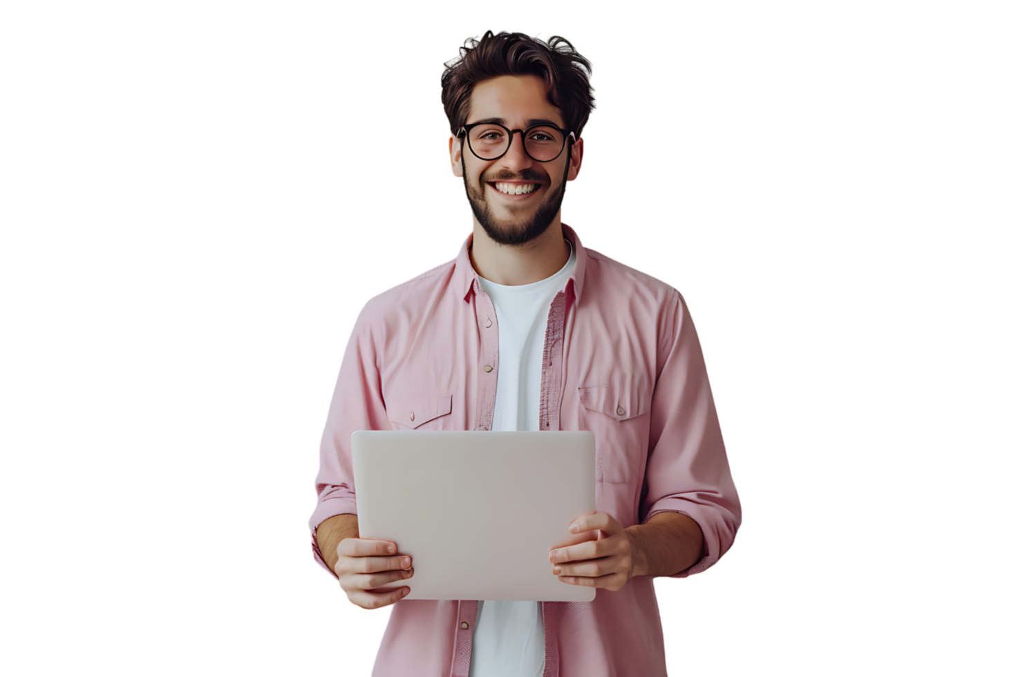 Young man standing holding laptop and looking at camera on isolated transparent background png