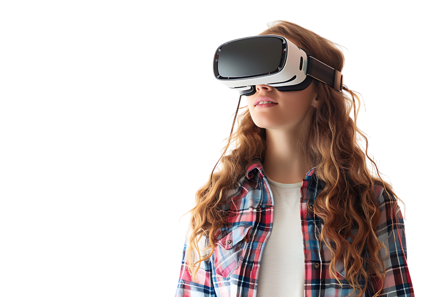Young girl exploring vast opportunities of virtual reality with VR headset on isolated transparent background png