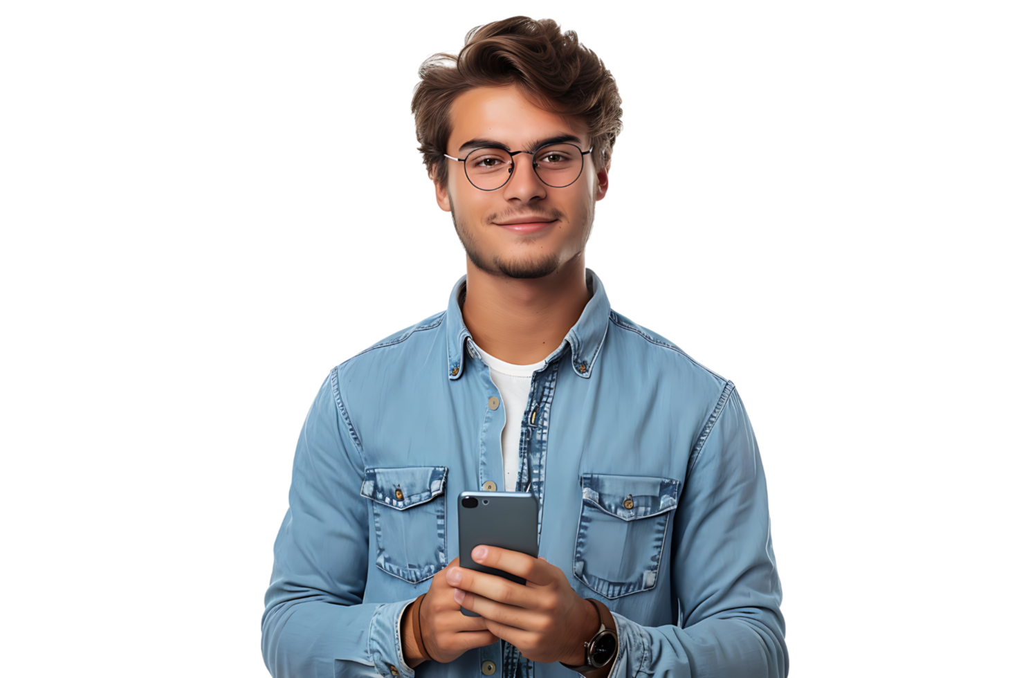 Young man standing holding smartphone and looking at camera on isolated transparent background png