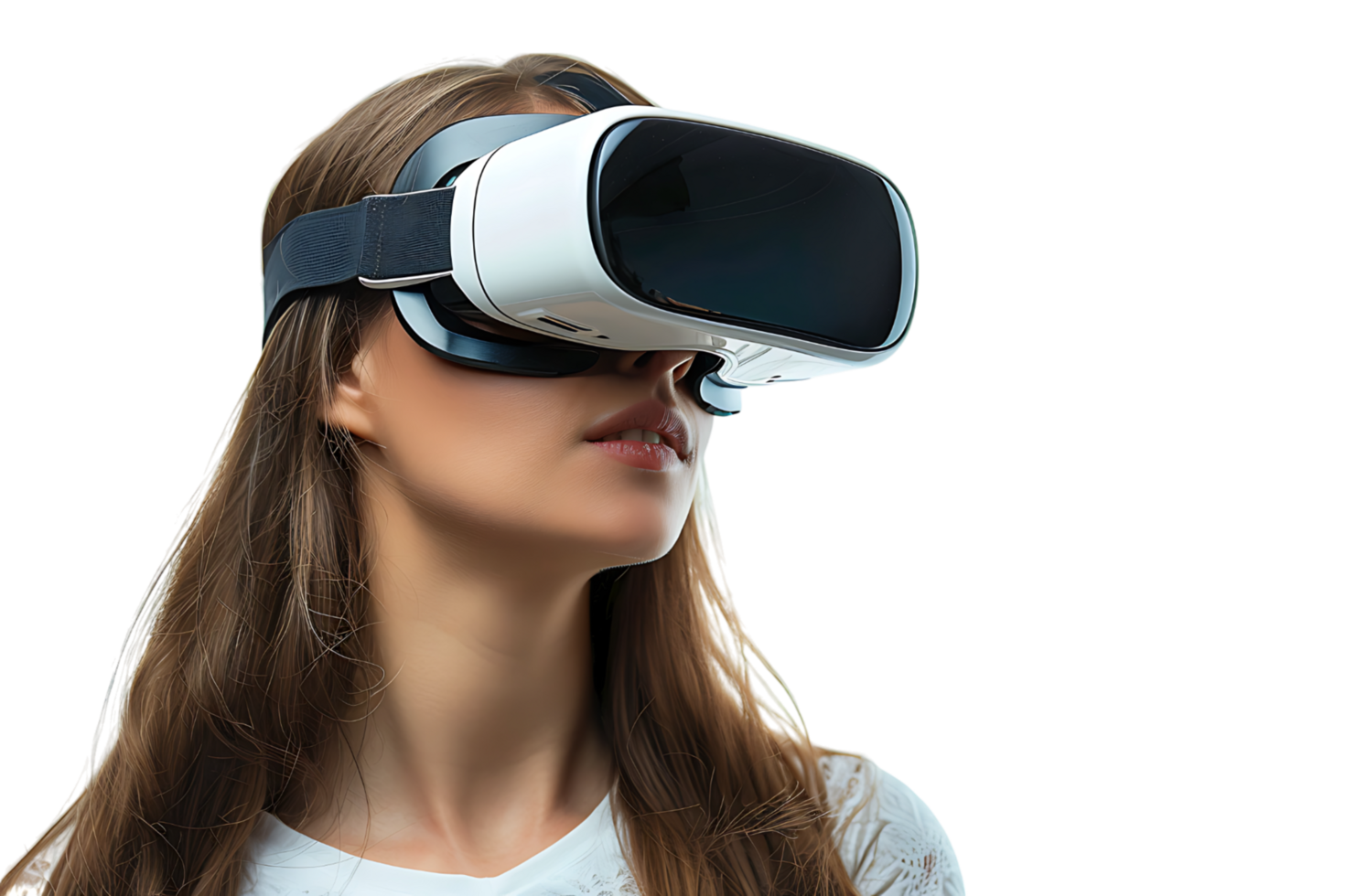 Young girl exploring vast opportunities of virtual reality with VR headset on isolated transparent background png