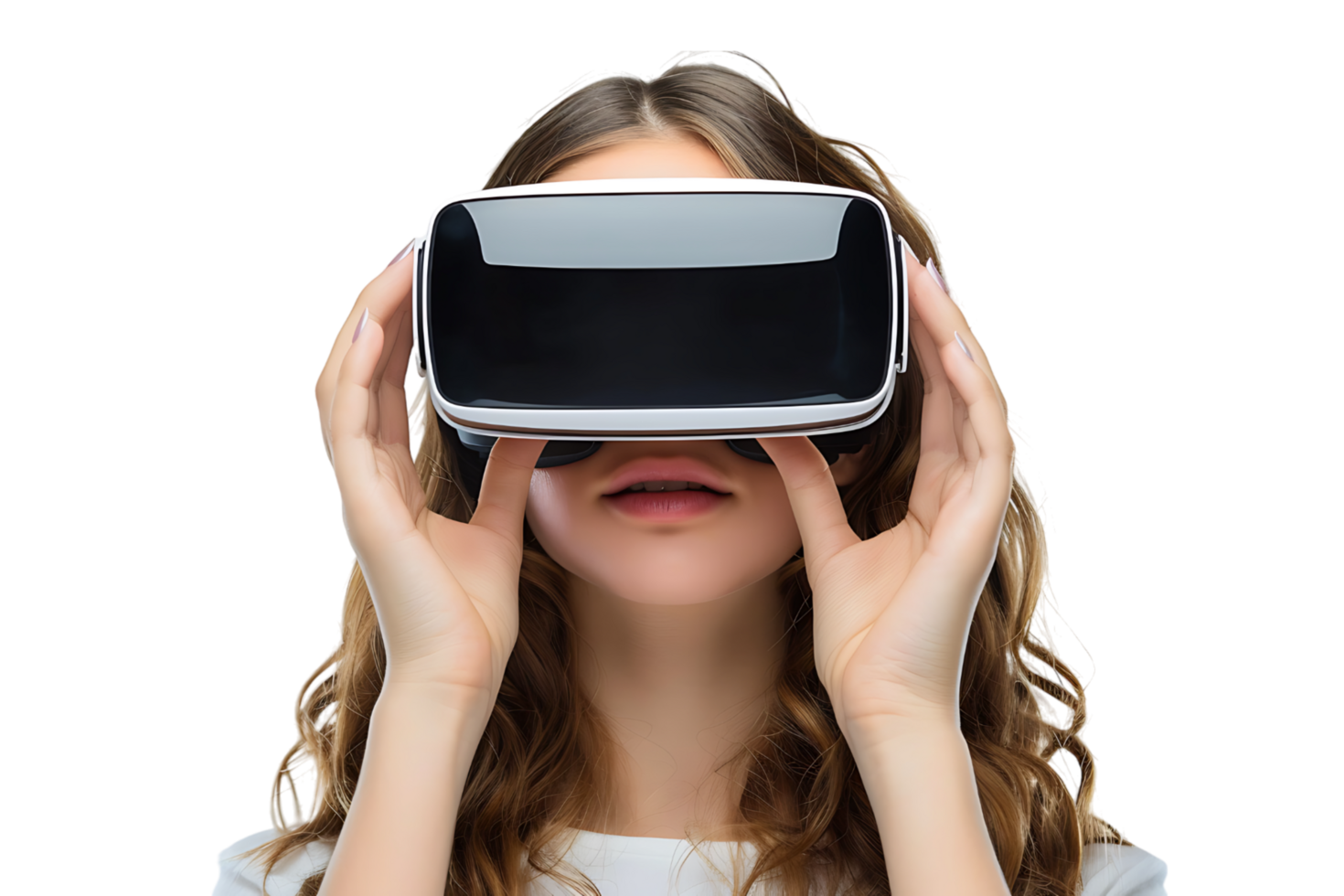 Young girl exploring vast opportunities of virtual reality with VR headset on isolated transparent background png